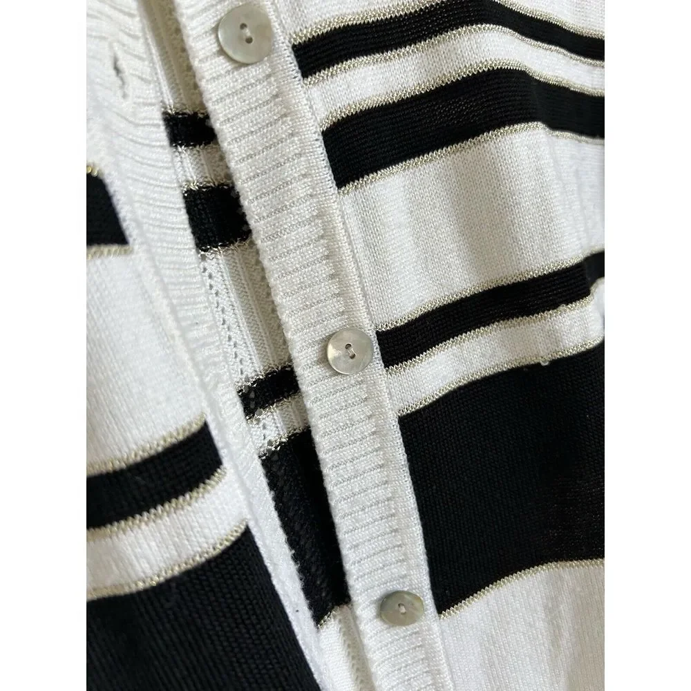 St. John Striped‎ Button Cardigan Sweater White/Black Size S (P) Cashmere Blend